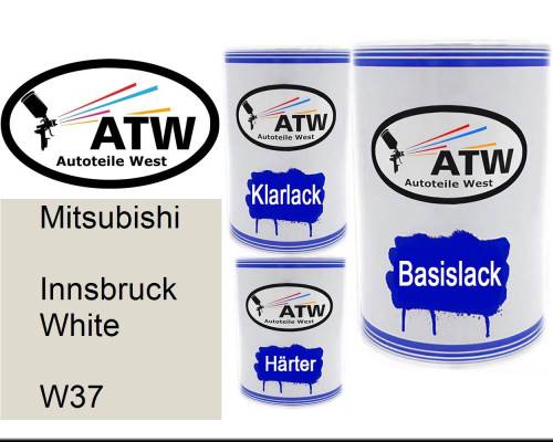 Mitsubishi, Innsbruck White, W37: 500ml Lackdose + 500ml Klarlack + 250ml Härter - Set, von ATW Autoteile West.
